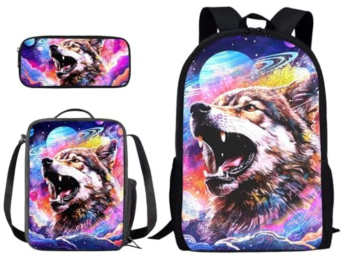 Wpamlrta Wolf Colored Paint Planets Print School Backpack 3 Pieces Set for Boys Girls with Lunch Box Pencil Bag Primary/Middle School Bag Teenager Bookbags