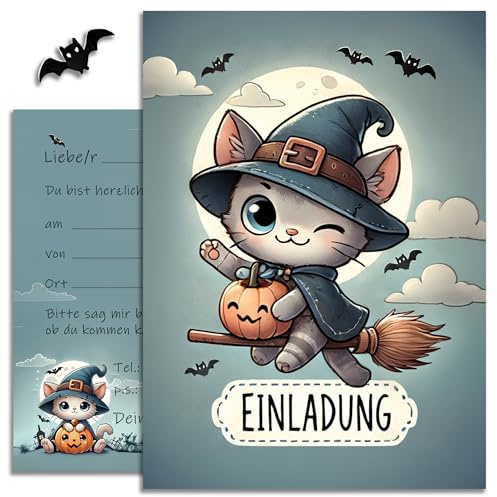 E&G Klasse 10 Halloween Karten Einladungskarten Zauberhafte Hexenkatze Einladung Karte Katze für Jungen Mädchen Kinder Party Motiv Halloweenparty Grusel Party süße Katzen Hexe Set