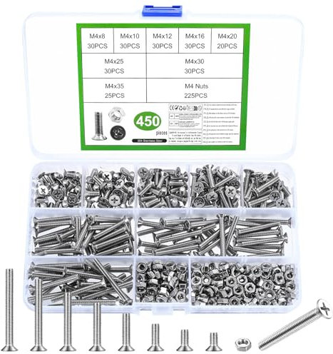 450 Stück M4 Schrauben Set, Senkkopfschrauben Muttern Set, Edelstahl Flachkopfschrauben mit Muttern, Kreuzschlitzschrauben Maschinenschrauben Sortiment, Gewindeschrauben und Muttern Set(M4)