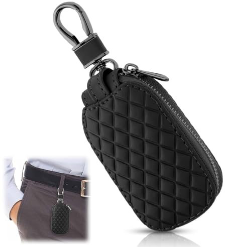 SingHao Leather Car Key Case Holder, Anti-Scratch Key Protector, Double Protection, Stylish Pattern, Black Men's Key Pouch
