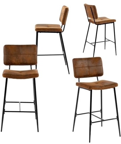MEUBLE COSY Set med 4 barstolar, hög pall med ryggstöd och fotstöd, vadderad stol i mocka, för disk, matsal och hem, brun
