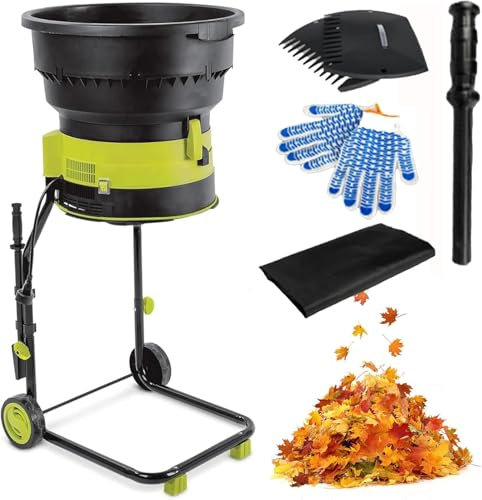 Trituradora de hojas eléctrica y trituradora de abono con ruedas, incluye rastrillo de hojas y bolsa de almacenamiento, astilladoras de alta velocidad para una limpieza eficiente del patio y