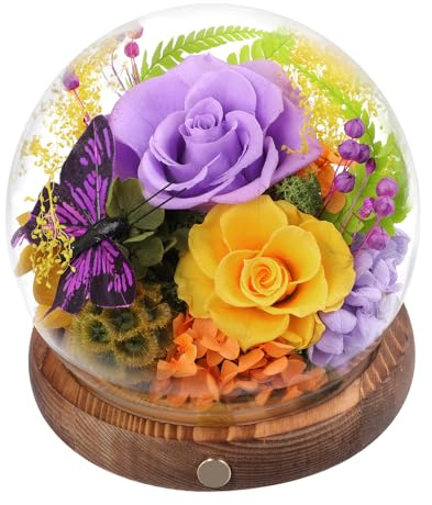 Loveliome Long-Lasting Real Preserved Flowers in Glass Dome - Unique Starfish or Butterfly Eternal Roses Gift with LED Lights for Women Monther Indoor Decoration, Butterfly and Purple Yellow Rose