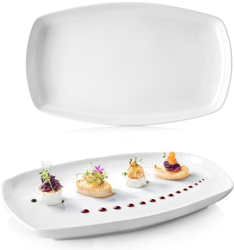 Sänger Bilgola Servierplatten 2er Set – Porzellan Servierteller Weiß | rechteckige Teller mit abgerundeten Ecken 19 x 29,5 cm für Fleisch, Fisch & Snacks Spülmaschinenfest