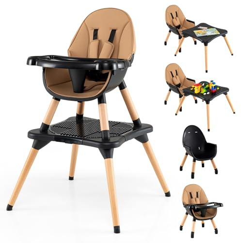 COSTWAY 6 in 1 Hochstuhl Baby, Kinderhochstuhl umwandelbar mit Bausteintisch, abnehmbarem Doppeltablett, Babyhochstiuhl, Babystuhl, Kombihochstuhl für 6-36 Monate Kinder (Braun)