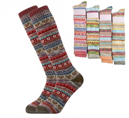 Paire de chaussettes montantes longues douces et chaudes pour femme, motif nordique Fair-Isle, mélange de laine, chaussettes de botte pour équitation, pointure UK 4-7