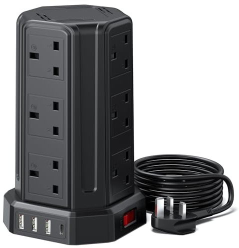Tower Extension Lead 3M, [13A 3250W] 12 Way Tower Extension Lead Multi Plug Extension Sockets with 4 USB Slots, Surge Protector Extension Cable 3M for Home, Office, Kitchen