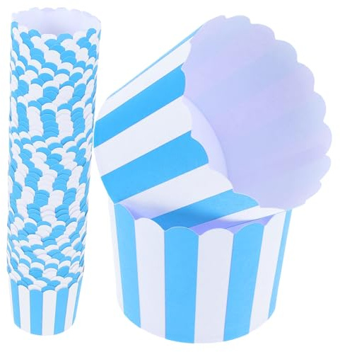 TOBBOMEY 100 Piezas Unidades Papel Cupcake Liners Desechables Pequeños Moldes para Muffins y Magdalenas Diseño Azul Rayas Aptos para Repostería y Fiestas