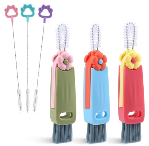 6pack Cleaner Brushes Set, 3 in 1 Cup Lid Cleaning Brush and 7.6inch Straw Brush Crevice Cleaning Brushes for Water Bottle Gap Lid(2style/6pcs)