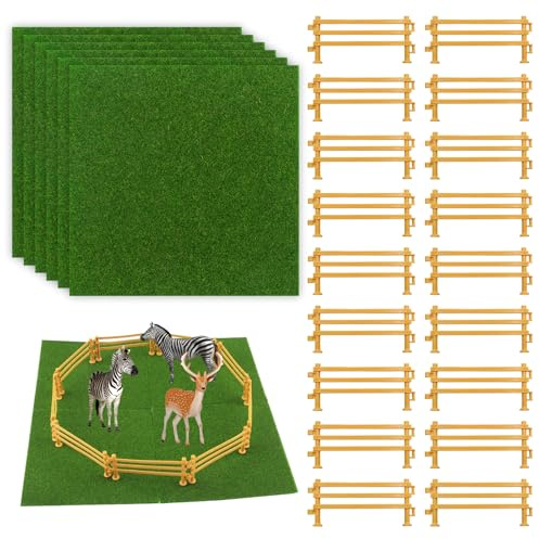 Vaskula 40 Stück Tiergehege Spielzeug Zaun Bauernhof Zubehör Pferdezaun Anschließbar Corral Kreatives Puzzle Miniatur Zaun mit 6 Kunstrasen für Kindergeschenke DIY Mikro Landschaft Dekoration