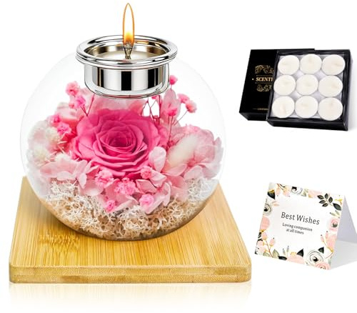 YuLiMirich Evig ros i glas, presenter till kvinnor, Infinity konserverade blommor för kvinnor mamma flickvän, rund glaskontainer med 18 doftljus, present till jul, mors dag, alla hjärtans dag