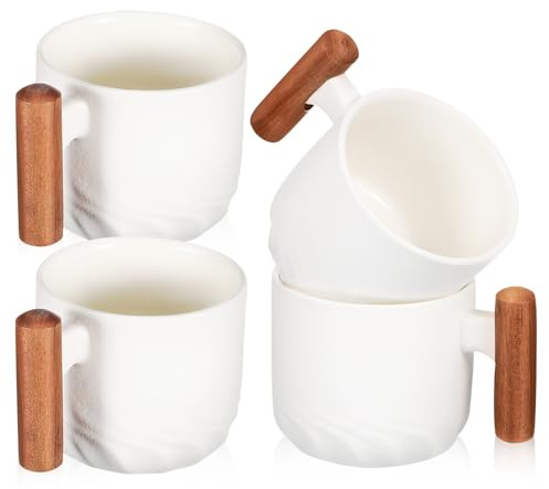 TOBBOMEY Lot de 4 Tasses à Café en Porcelaine Blanche Miniatures avec Anse en Bois, Tasses à Café Espresso pour Bureau, la Cuisine et Service de Table, Mug Céramique Polyvalent