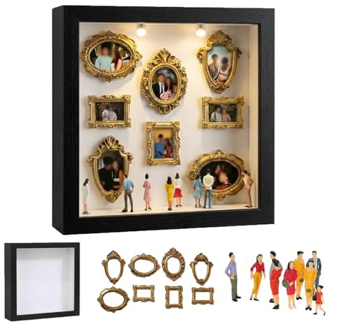 DIY Mini Museum Silhouette Box, Foto Erinnerungsanzeige Set mit 8 Mini Goldene Rahmen & 8 Zufällig Figuren, Kreatives Bilderrahmen mit LED Licht für Jahrestag, Hochzeit, Heimdekoration (Schwarz)