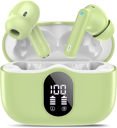 Wireless Earbuds, Bluetooth 5.4 Headphones In Ear with 4 ENC Mic, Wireless Earphones Noise Cancelling Deep Bass, LED Display, Bluetooth Earbuds 36H Playtime, IP7 Waterproof Ear Buds, USB-C Grass Green
