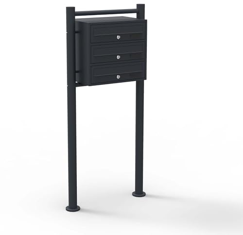 Wiltec 3er Briefkastenanlage schwarz 556 x 270 x 1500 mm, Standbriefkasten mit 3 Fächern, Schlüssel und Namensschild, Briefkasten Postkasten mit Ständer