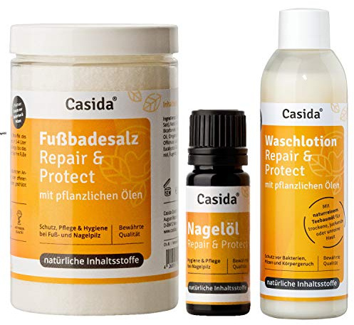 Casida® Kombipack med Nagelvårdsolja 10 ml + Fotbadssalt 375 g + Tvättlotion 200 ml - skydd, vård och hygien vid fotsvamp & nagelsvamp, förhårdnader, fotsvett - med örtoljor - i apotekskvalitet
