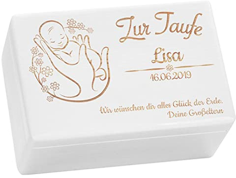 LAUBLUST Holzkiste mit Gravur - Personalisiert mit Name | Datum | WIDMUNG - Weiß Größe M - Blumenbaby Motiv - Geschenkkiste zur Taufe, FSC®