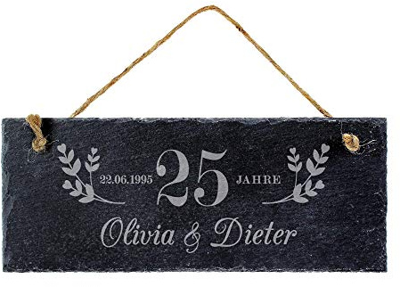 Casa Vivente Schiefertafel mit Gravur zur Silberhochzeit, Motiv 25 Jahre personalisiert mit Namen und Datum, Türschild als Geschenkidee für Paare