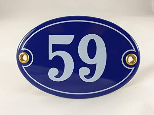 Emaille Hausnummer Schild Nr. 59, oval, Blau-Weiß mit Schrauben und Dübel Handarbeit