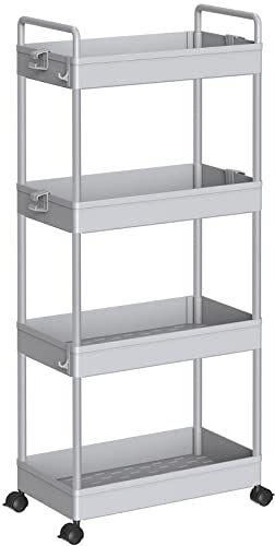SOLEJAZZ 4-Tier-Aufbewahrungswagen Ausziehbarer Rollbarer Mehrzweckwagen Mobiler Aufbewahrungsregal-Organizer für Küche, Bad, Waschküche, Schlafzimmer, Enge Plätze, Kunststoff, Grau