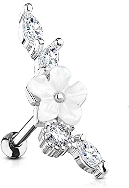 Treuheld® Piercing Stab mit weißer Blume und Kristallen | 3 Farben