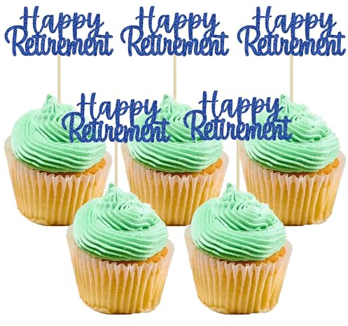 Gyufise 36 Pack Happy Retirement Cupcake Toppers Blue Glitter Retired Cupcake Picks Retirement Theme Birthday Party Cake Decorations Rose Gold