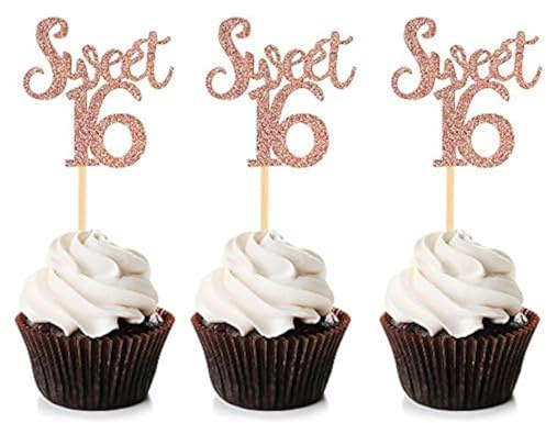 Unimall Global 24 Stück Rose Gold Glitter Sweet 16 Cupcake Topper 16 Geburtstagstorte Topper Decor Picks für Kinder Mädchen Geburtstag Party Jubiläum Party Dekoration Zubehör