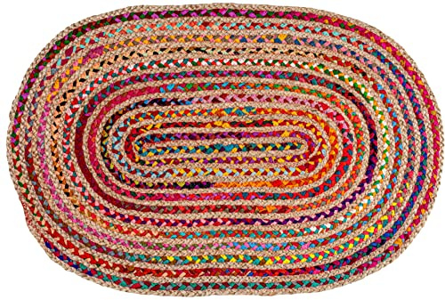 Cotton Chindi Braid Rag Rug - Boho Farmhouse Rustic Area Accent Throw Rug - Handwoven Reversible Natural Recycled Cotton - Living Room Den Study Home Décor Gift - 2' x 3' Oval - Multi Color