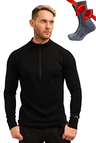 Merino.tech Camiseta Lana Merino Hombre - 100% Lana Merino Camiseta Manga Larga Hombre con Cremallera et Calcetines (Medium, 250 Black)