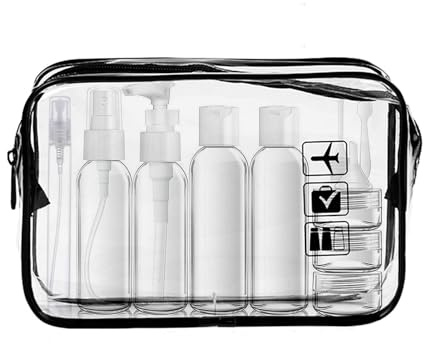 LECUNE Transparenter Kulturbeutel mit 13 Stück Reiseflaschenset (100ml) | Reiseflaschen Set inkl.1 Stück Plastikbeutel für Flüssigkeiten zugelassen (20x20cm),Flughafen-konforme Tasche,Reisezubehör