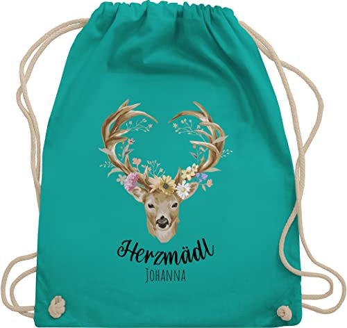Turnbeutel Rucksack - Kompatibel Oktoberfest - Herzmädl Hirsch Geweih Hirschgeweih Madl - Unisize - Türkis - oktoberfest-tasche trachten name turnsack trachtenrucksack bayrisch herz rucksäcke
