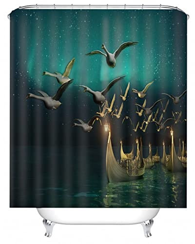 Whoiy Bad Vorhang Grün, Shower Curtains Fabric 165X200cm Polyester Bath Curtains Schwan und Schiff Grau Waschbar Wasserdicht