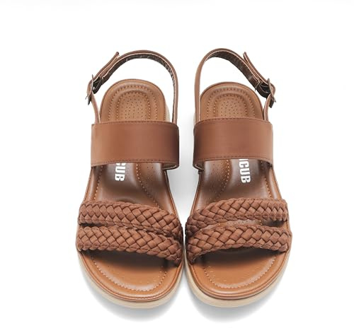 DUUCUB Women's Flat Sandals Ankle Strap Open Toe Summer Braided Sandal Beach Comfortable Platform Outdoor Slingback Dress Shoes Camel Size 9
