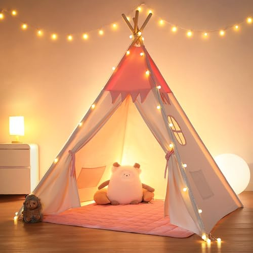 besrey Tipi Infantil Indio para Niños Tienda de Campaña Infantil Canvas Tipi de algodón con Alfombra Acolchado y Luces de Hadas (Rosa y Blanco)