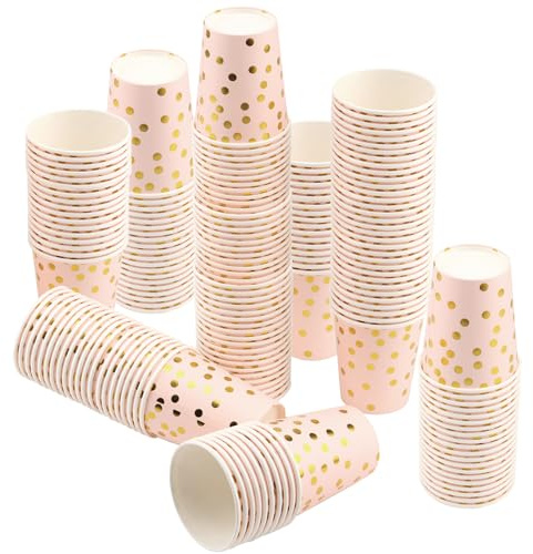 DAKFOOK 200 Pcs Pink Gold Party Paper Cups, 9oz /250ml Disposable Polka Dot Paper Cups, Hot Drinks and Cold Drinks Cup for Birthdays, Wedding, Picnics
