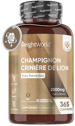 Löwenmähne Pilz 365 Tabletten - 2000mg je Tablette - Lions Mane Mushroom (Hericium Erinaceus) - 25:1 Extrakt mit Schwarzer Pfeffer 30mg - 1 Jahr Vorrat - WeightWorld