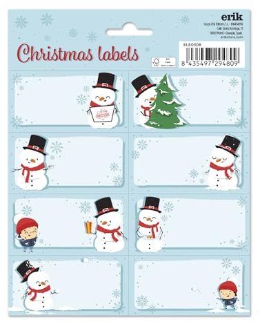 Grupo Erik Aufkleber Etiketten Schneeman mit einer Größe von 8x4 cm und Illustrationen mit den Hauptfiguren, Etiketten zum Beschriften, 16 Klebeetiketten Set