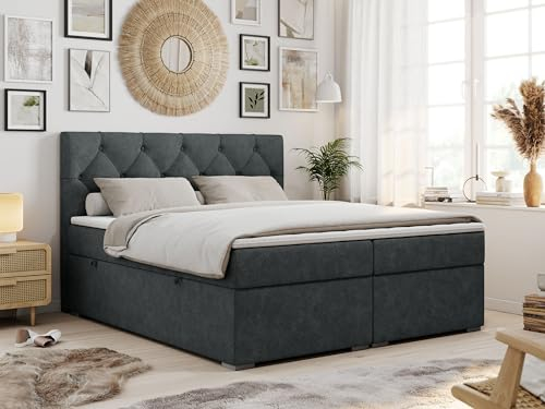MKS MEBLE Boxspringbett 160x200 cm mit Matratze und Topper T25, Boxspringbett mit Bettkasten und Kopfteil - Alda - H3 Dunkelgrau Strukture