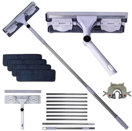 4m (13 ft) 2-in-1 Window Cleaning Equipment with Long Handle, 25 cm Window Squeegee with extra 4 Cloths, Window Cleaning Kit with 10 Poles, Window Cleaner for Outdoor Home Commercial Use (White)
