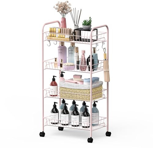 Mythinglogic Rollwagen 4 Ebenen, Metall Aufbewahrungswagen auf Rollen, Servierwagen Küchenwagen Organizer Wagen mit Haken für Badezimmer, Schlafzimmer, Waschküche,Wohnzimmer (rosa)