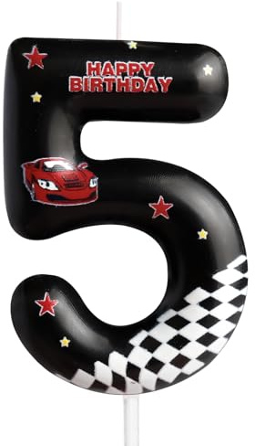 Velas de cumpleaños de coches de carreras, número 5, estrellas negras, temática de tráfico, fiesta de cumpleaños para niñas y niños, decoraciones de cumpleaños, aniversario, celebración