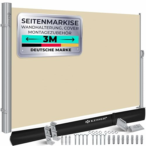 KESSER® Toldo Lateral de Aluminio Extensible y Opaco - 300 x 200 cm, Protección de la Intimidad y contra el Viento con Enrollado Automático, Incl. Burbuja de Lluvia con Soporte de Pared, Beige