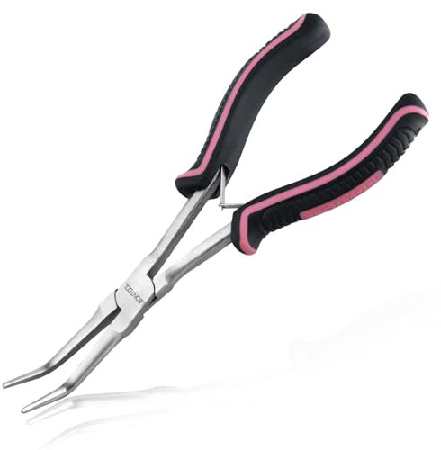 LEONTOOL 7-Inch Long Reach Bent Needle Nose Pliers Smooth Jaws Bent Long Nose Pliers Extra Long Needle Nose Pliers Jewelry Pliers for Jewelry Making, Wire Wrapping and Object Gripping, Non-slip Handle