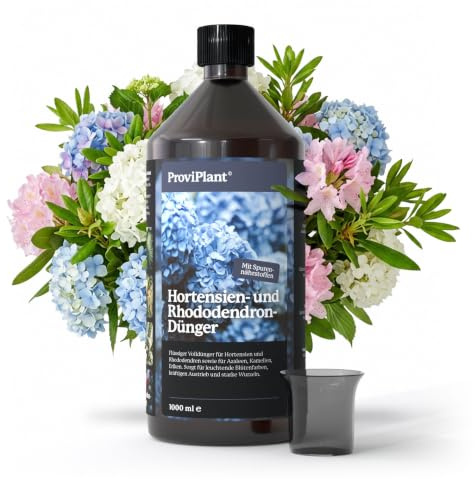 ProviPlant Hortensien Flüssigdünger – Für Hortensien, Rhododendron & Moorbeetpflanzen – 1 Liter Konzentrat für bis zu 200 Liter Gießwasser – Indoor & Outdoor – Made in Germany
