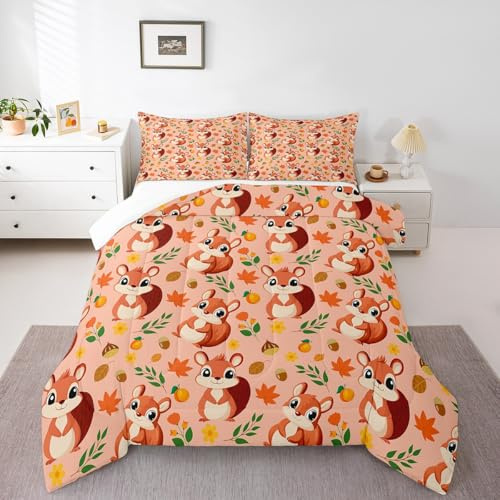 Juego de edredón infantil con diseño de ardilla de dibujos animados, hojas de arce, piñas, flores retro, para niños, niñas y adolescentes, bonito edredón acolchado rústico, 2 fundas de almohada,