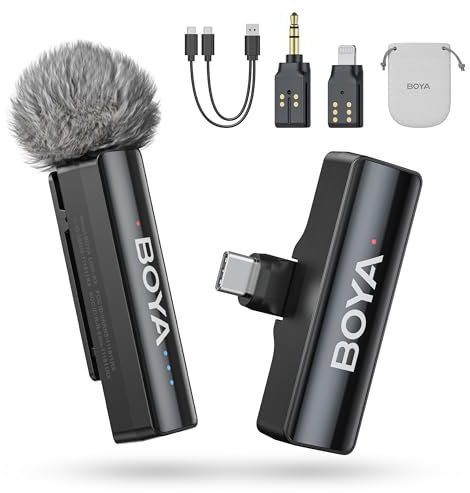 BOYA BOYALINK 2 A1 Microfono per iPhone Android Fotocamera, 48kHz 24Bit, 300m, Microfono Lavalier Wireless, Cancellazione Rumore, Mini Microfon, Microfono Clip, USB-C/Lightning/3,5mm TRS Plug, Vlog