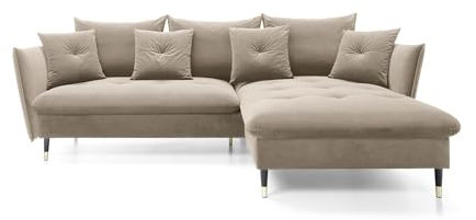 DomiMeble DomoHome Ecksofa Glam mit Schlaffunktion, Freistehend, Ottomane und Goldenen Füßen – Samtsofa im Glamour-Stil für Ihr Wohnzimmer, mit Zierkissen, 258x167x91cm, Rechte Seite BEIGE