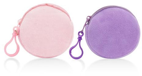 AdiStylinno 2 Pcs Coin Purse for Women, Soft Plush Round Coin Pouch Ladies Portable Small Change Purse Cute Zipper Pouch, Simple Solid Color Mini Wallet with Carabiner (Pink/Light Purple)