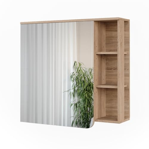 Vicco Spiegelschrank Karen, Sonoma/Weiß, 80 x 75 cm | zur Wandmontage mit integrierter Ablagefläche