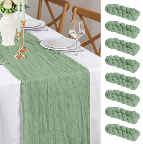 Tischläufer Grün, 8 Stück 90x300 cm FoiiLiio Hochzeit Käsetuch Musselin Tischläufer Boho für Hochzeitsdeko, Babyparty Deko, Geburtstag, Party